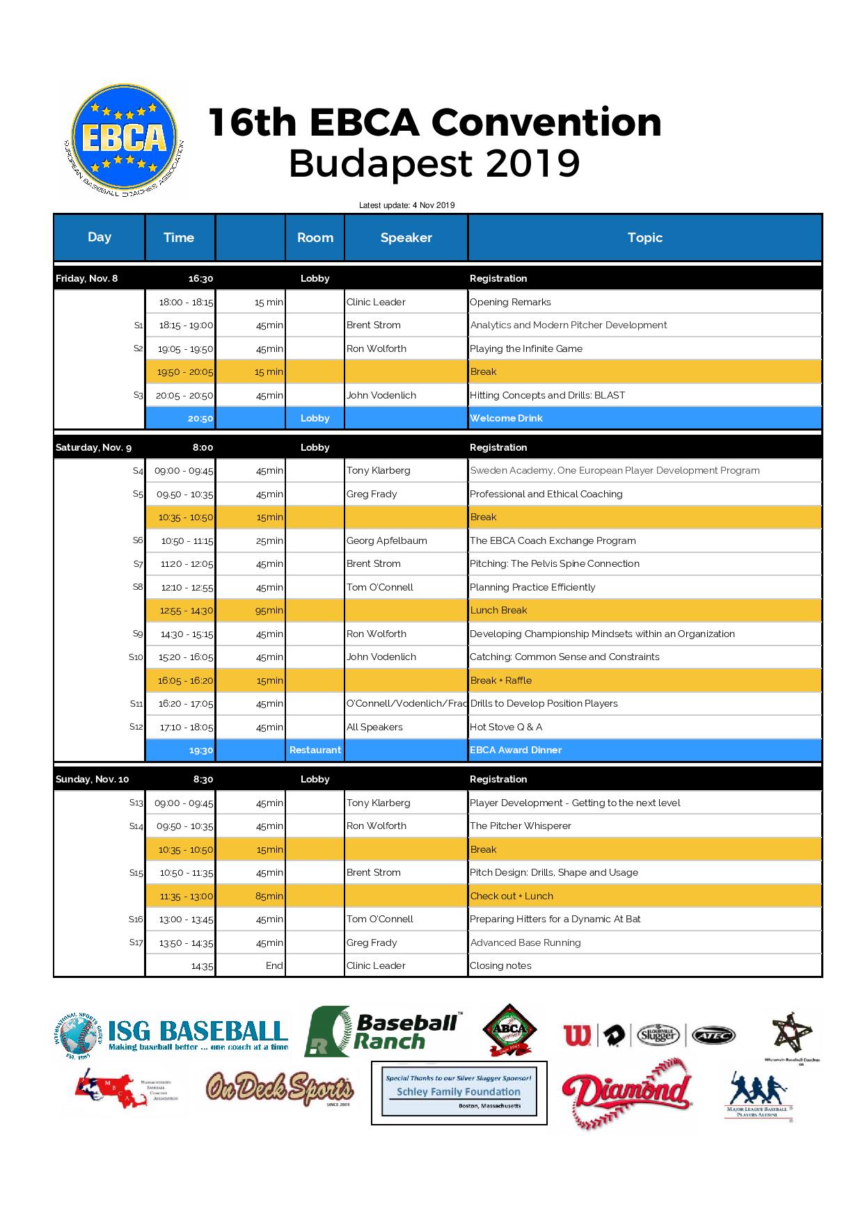 Schedule for 16th EBCA Convention 2019